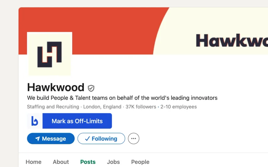 The Mark as Off-Limits button that Bycatch adds to a LinkedIn company page