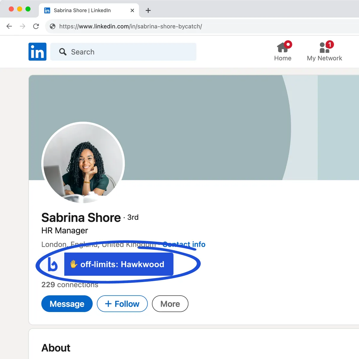 Bycatch flagging an off-limits candidate on a LinkedIn profile