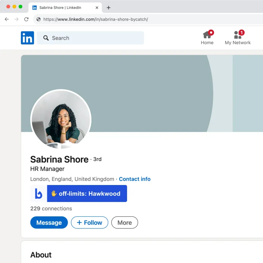 A Bycatch off-limits badge shown on a LinkedIn candidate profile